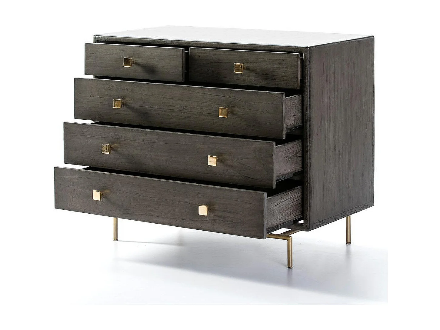 Arcón de 5 cajones de madera maciza gris con patas de metal dorado Bar