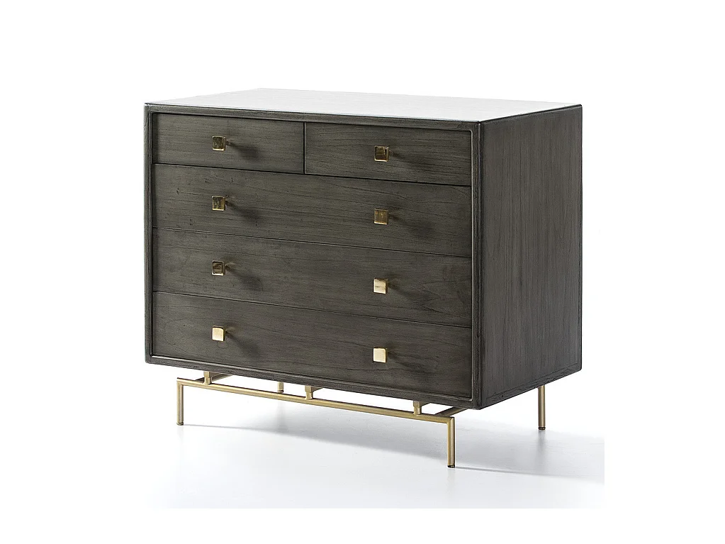 Commode 5 tiroirs bois massif gris et pieds métal doré Bar
