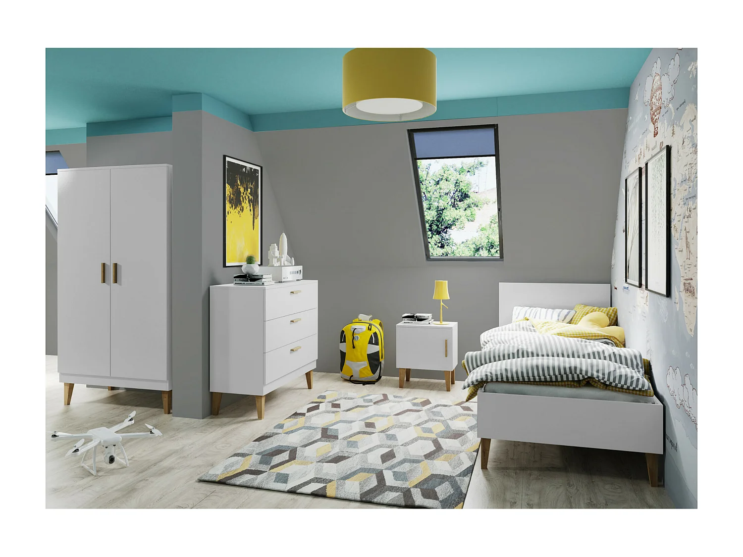 Cómoda infantil escandinava blanca y patas de madera de roble Vanka