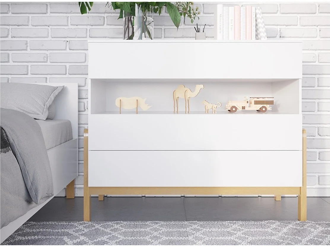 Commode enfant scandinave blanche et pieds en bois de chêne Vanka