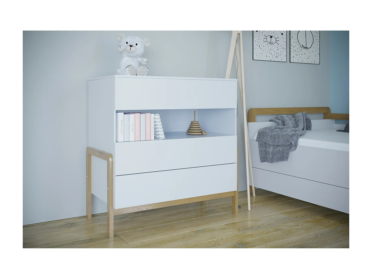 Commode enfant scandinave blanche et pieds en bois de chêne Vanka