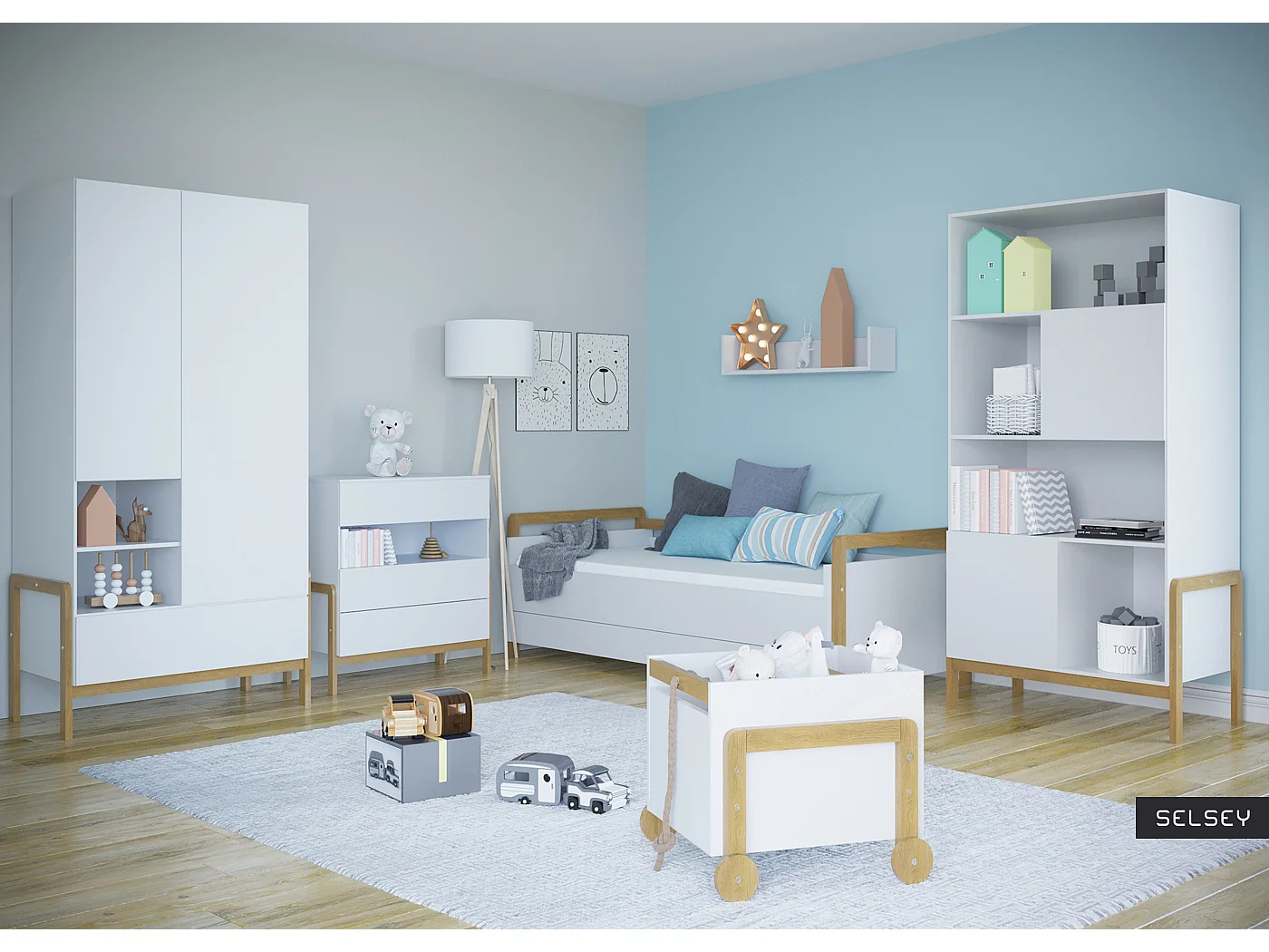 Commode enfant scandinave blanche et pieds en bois de chêne Vanka