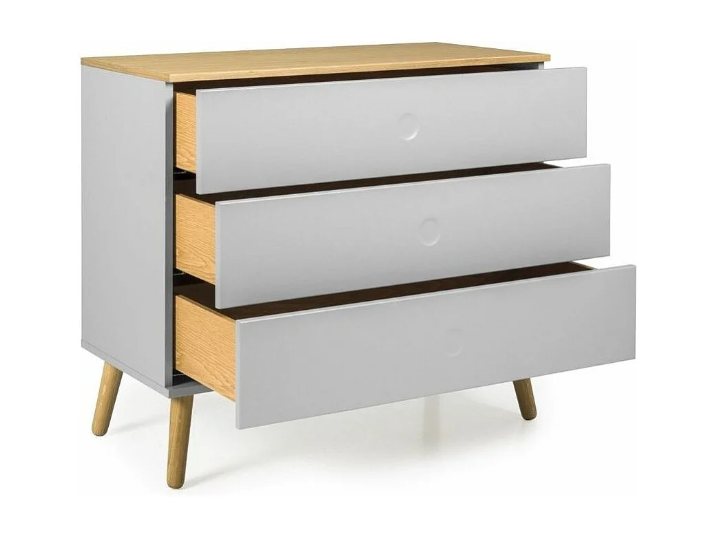 Pecas grijs gelakte ladekast met 3 lades en poten van licht massief eikenhout