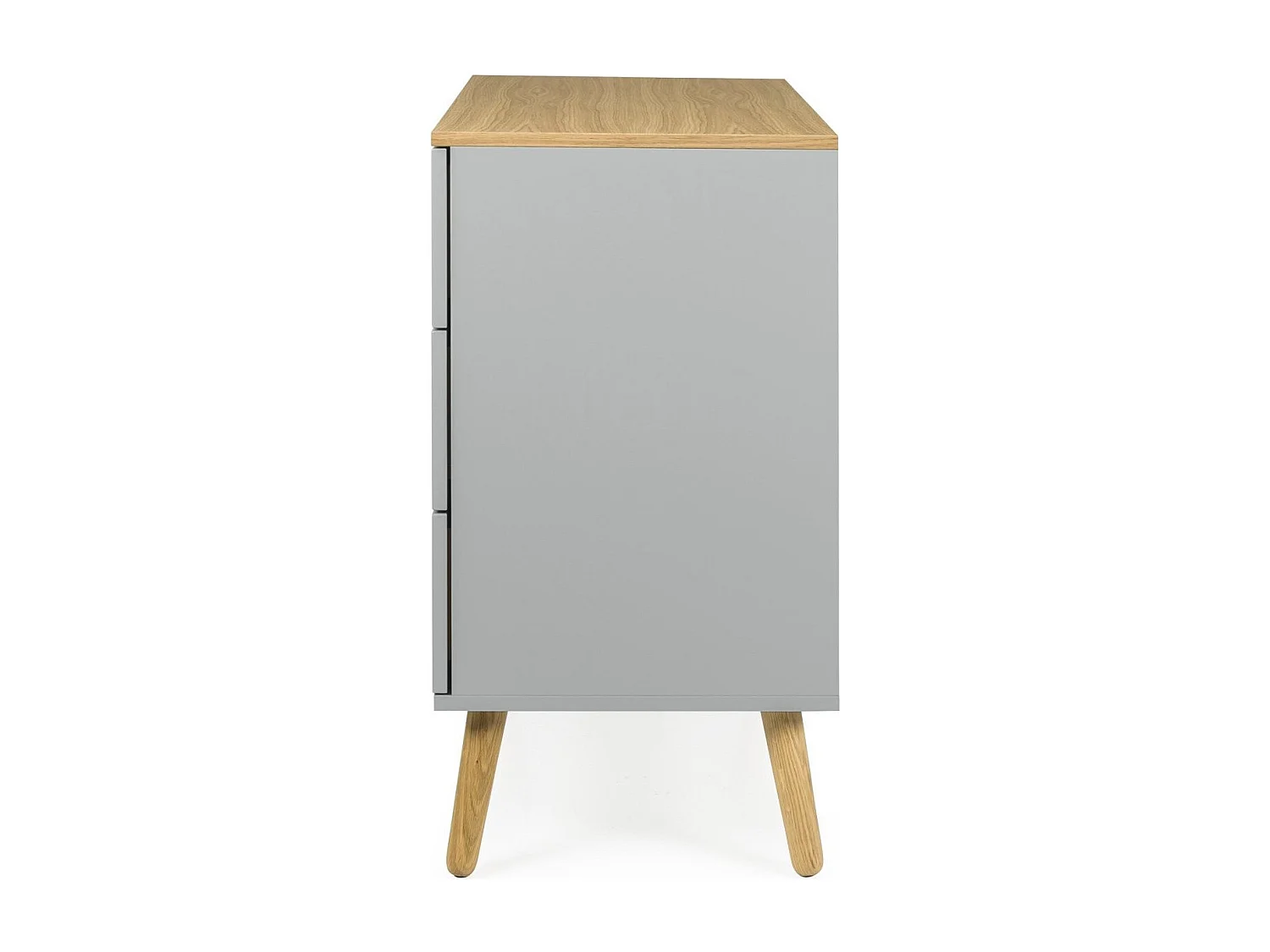 Pecas grijs gelakte ladekast met 3 lades en poten van licht massief eikenhout