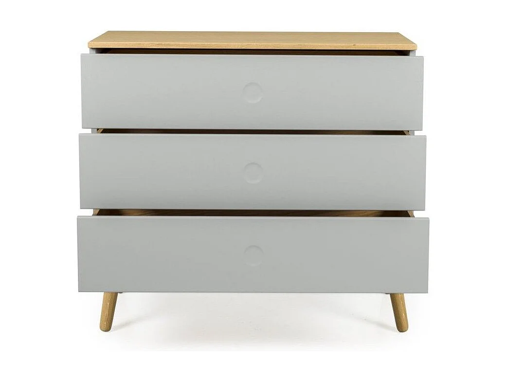 Pecas grijs gelakte ladekast met 3 lades en poten van licht massief eikenhout