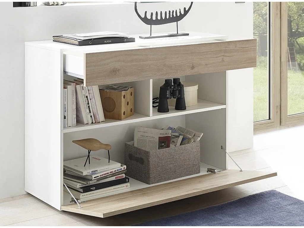 Raia Ladekast met 1 deur en 1 lade in wit gelakt hout en licht eikenhout