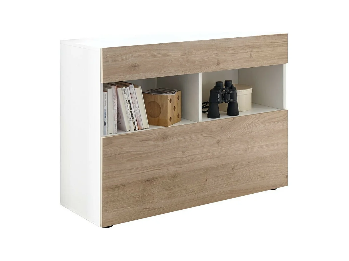Commode 1 porte 1 tiroir bois laqué blanc et chêne clair Raia