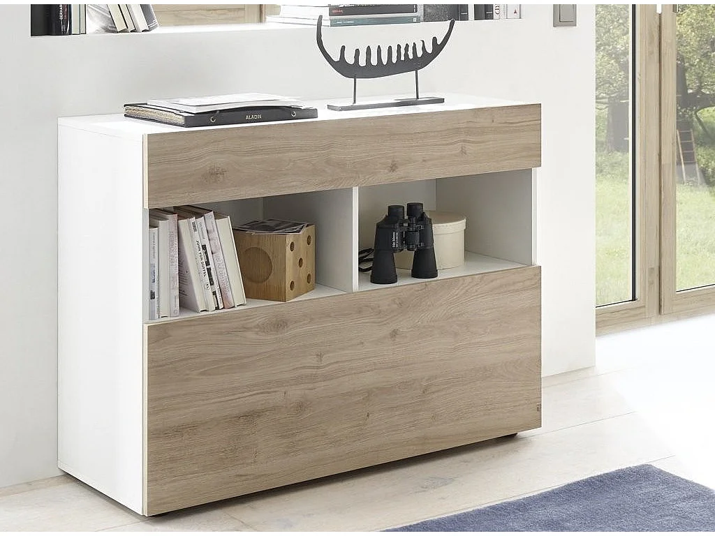 Commode 1 porte 1 tiroir bois laqué blanc et chêne clair Raia