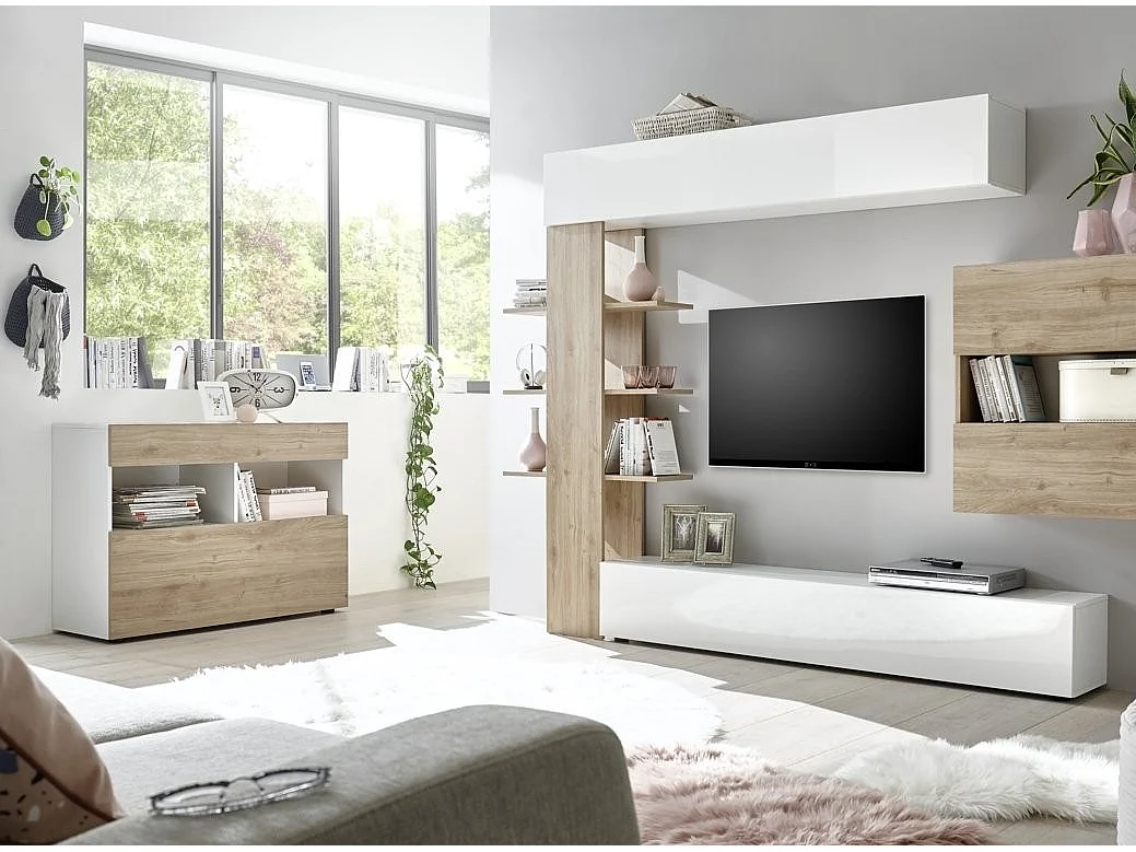 Commode 1 porte 1 tiroir bois laqué blanc et chêne clair Raia