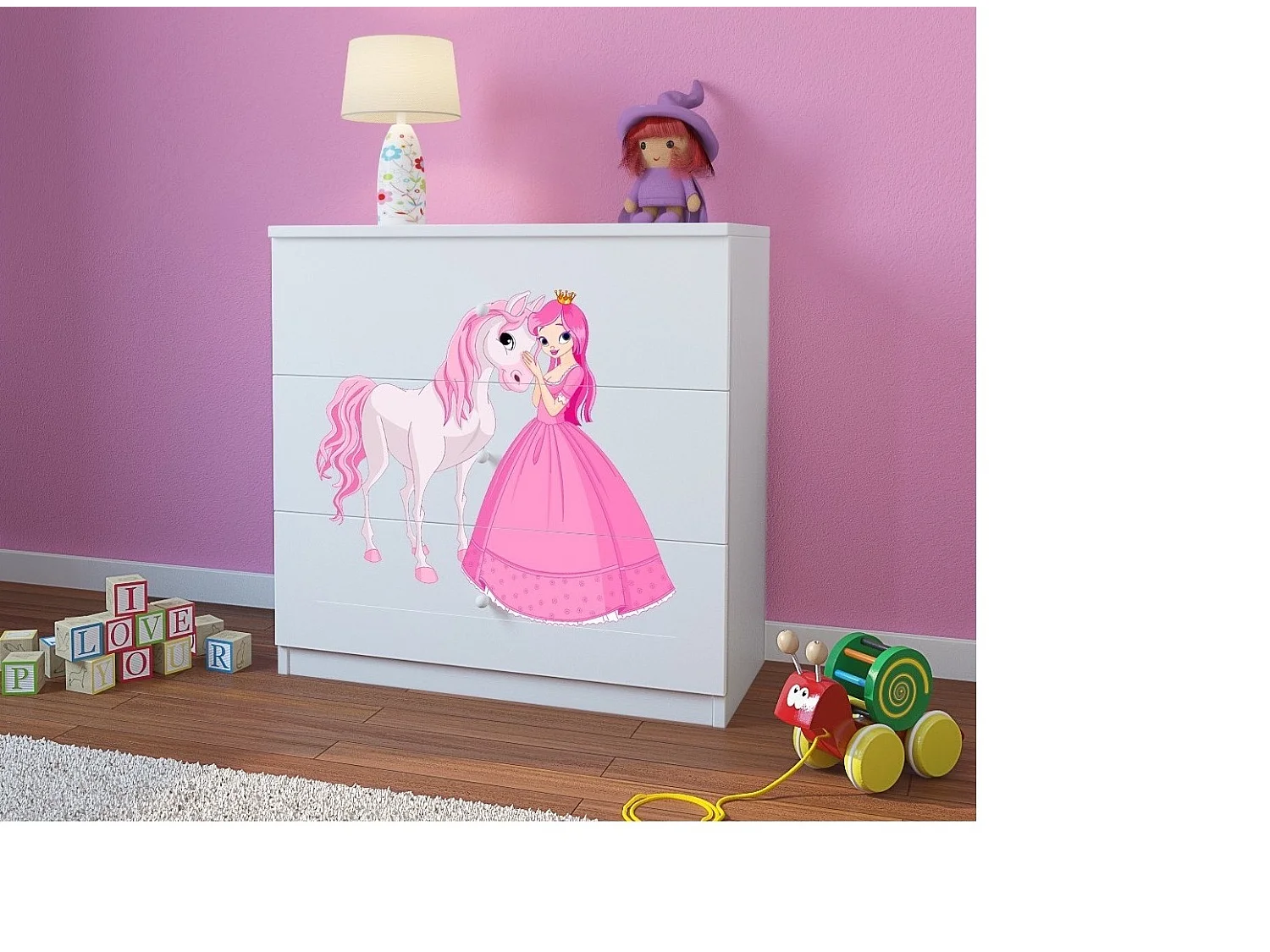 Cómoda infantil blanca de pie princesa y caballo Drimy