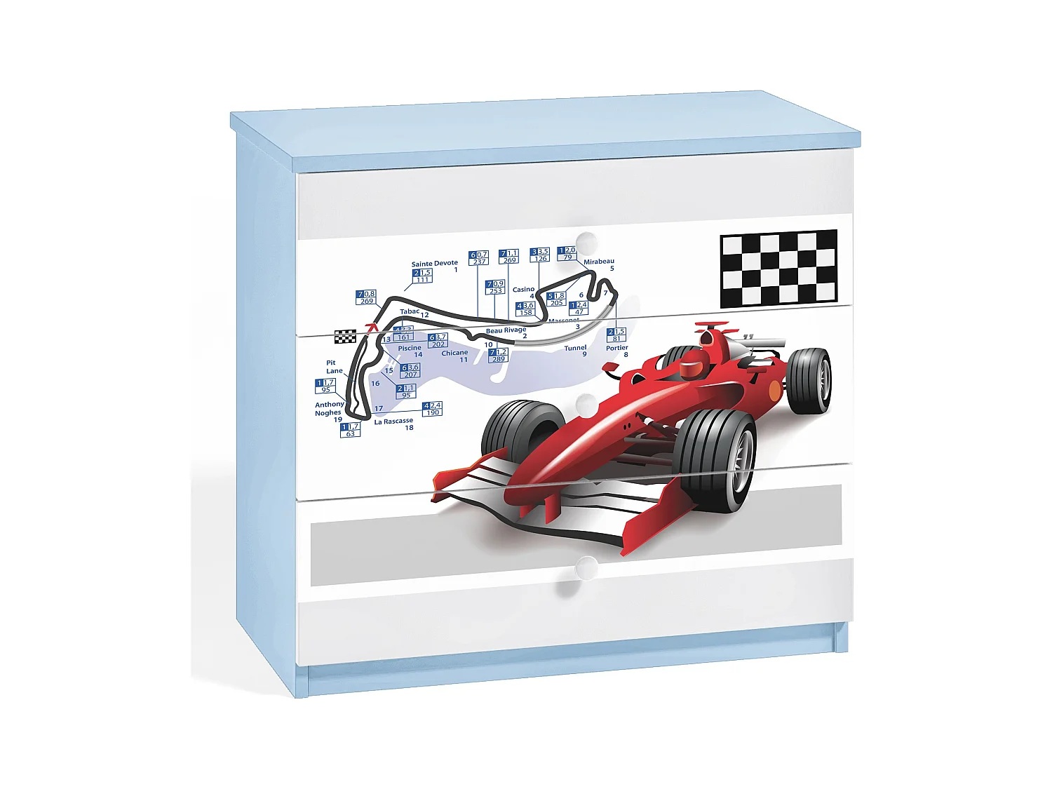 Commode enfant bleue voiture de course 80cm