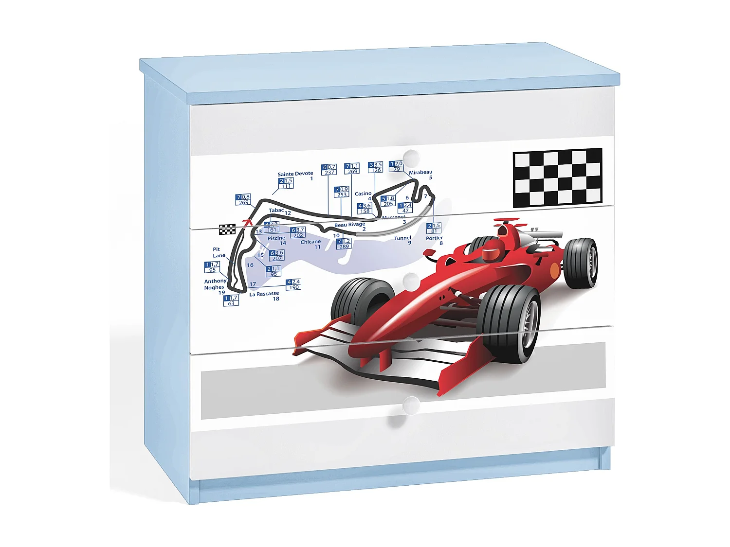 Commode enfant bleue voiture de course 80cm