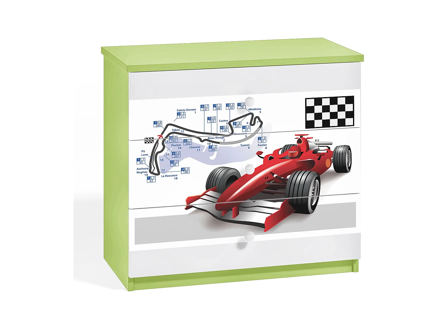Commode enfant verte voiture de course 80cm