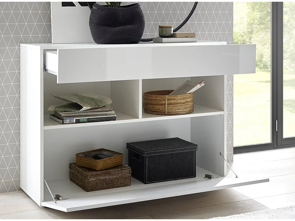 Commode 1 porte 1 tiroir bois laqué blanc brillant Raia