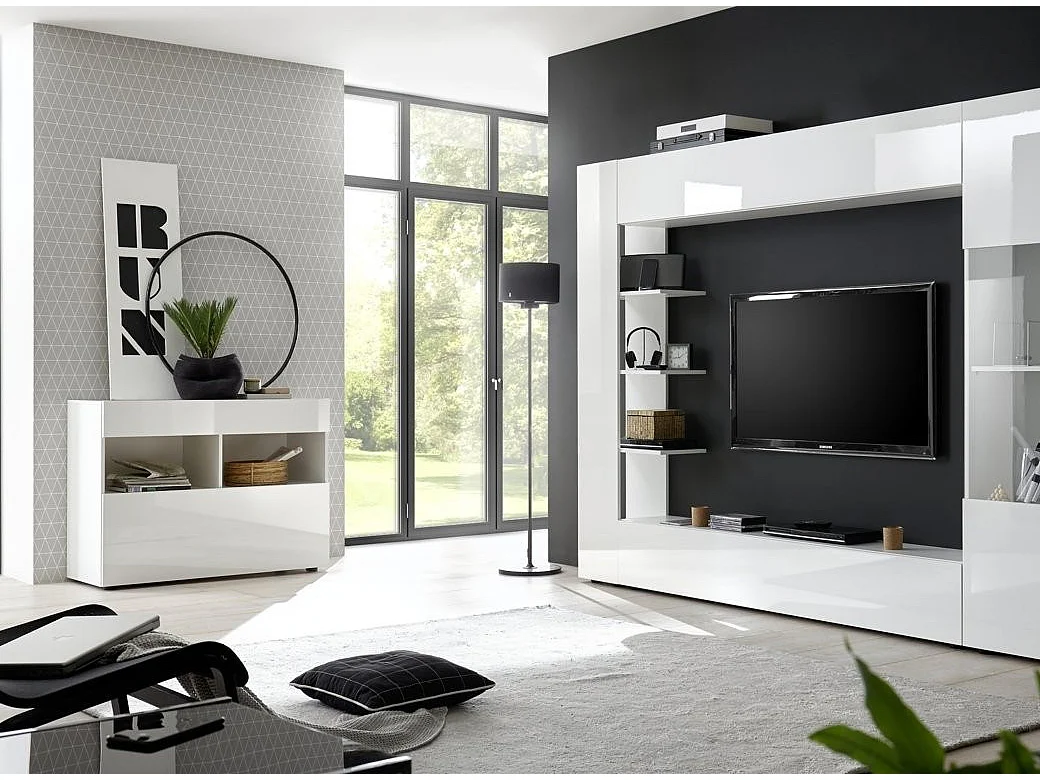 Commode 1 porte 1 tiroir bois laqué blanc brillant Raia