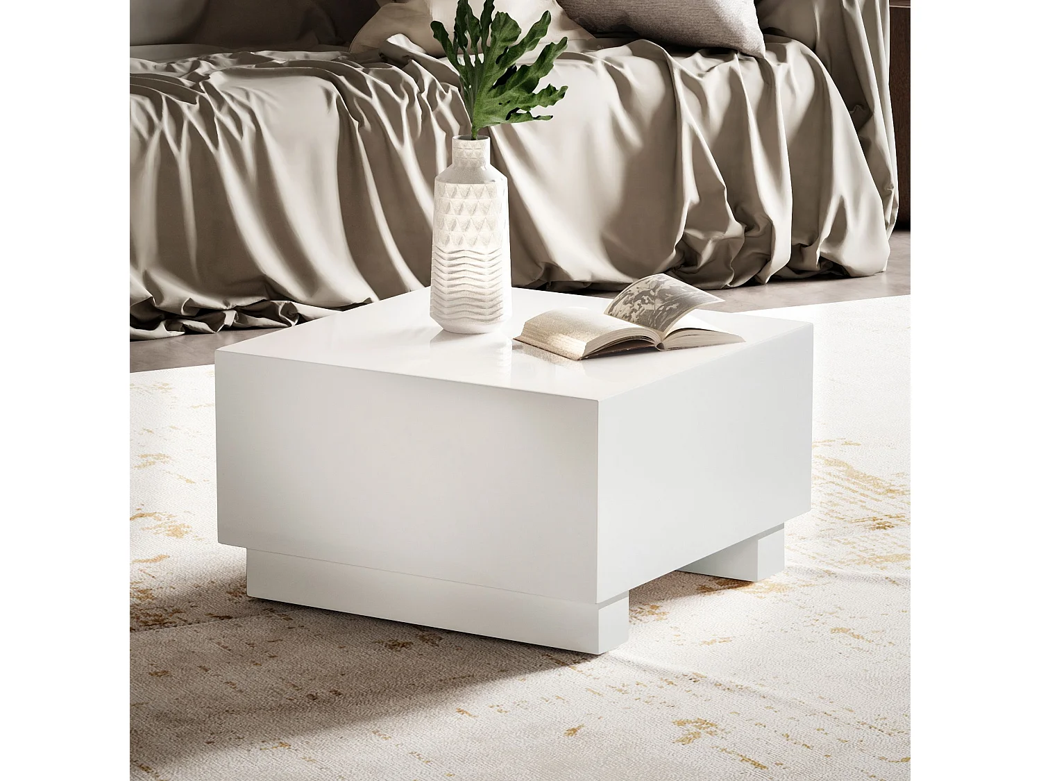 Table Basse 60 cm Blanc Brilliant Petite Table de Salon Carrée Moderne