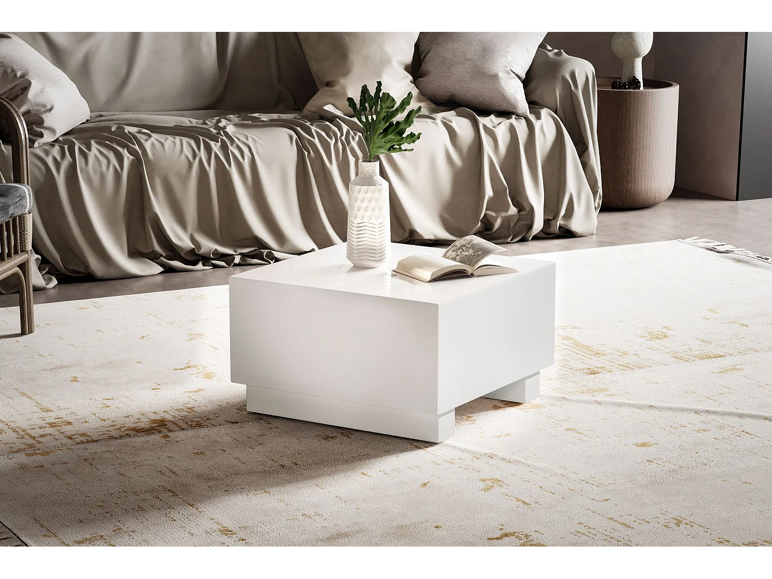 Table Basse 60 cm Blanc Brilliant Petite Table de Salon Carrée Moderne