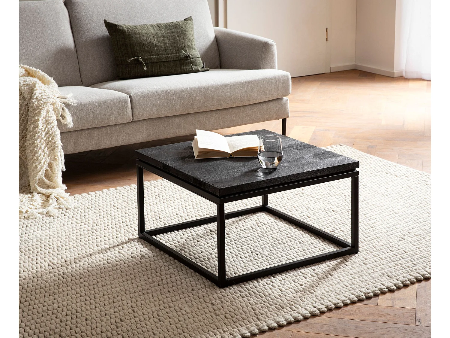 Table Basse Bois Massif Metal Noir Design Table de Canapé Salon Moderne