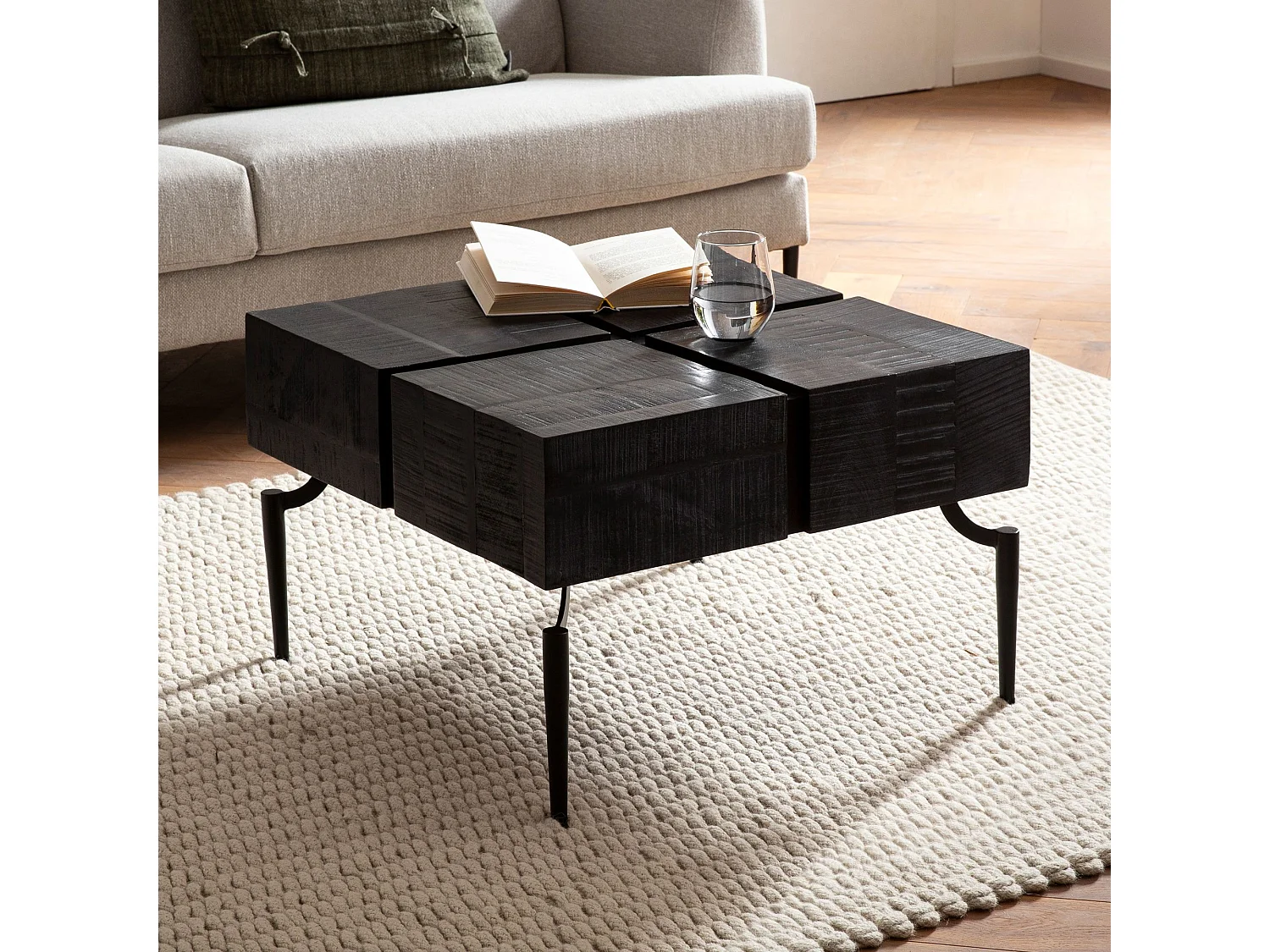 Table Basse Carrée Bois Massif Métal 60x60x40 cm Table Salon Moderne