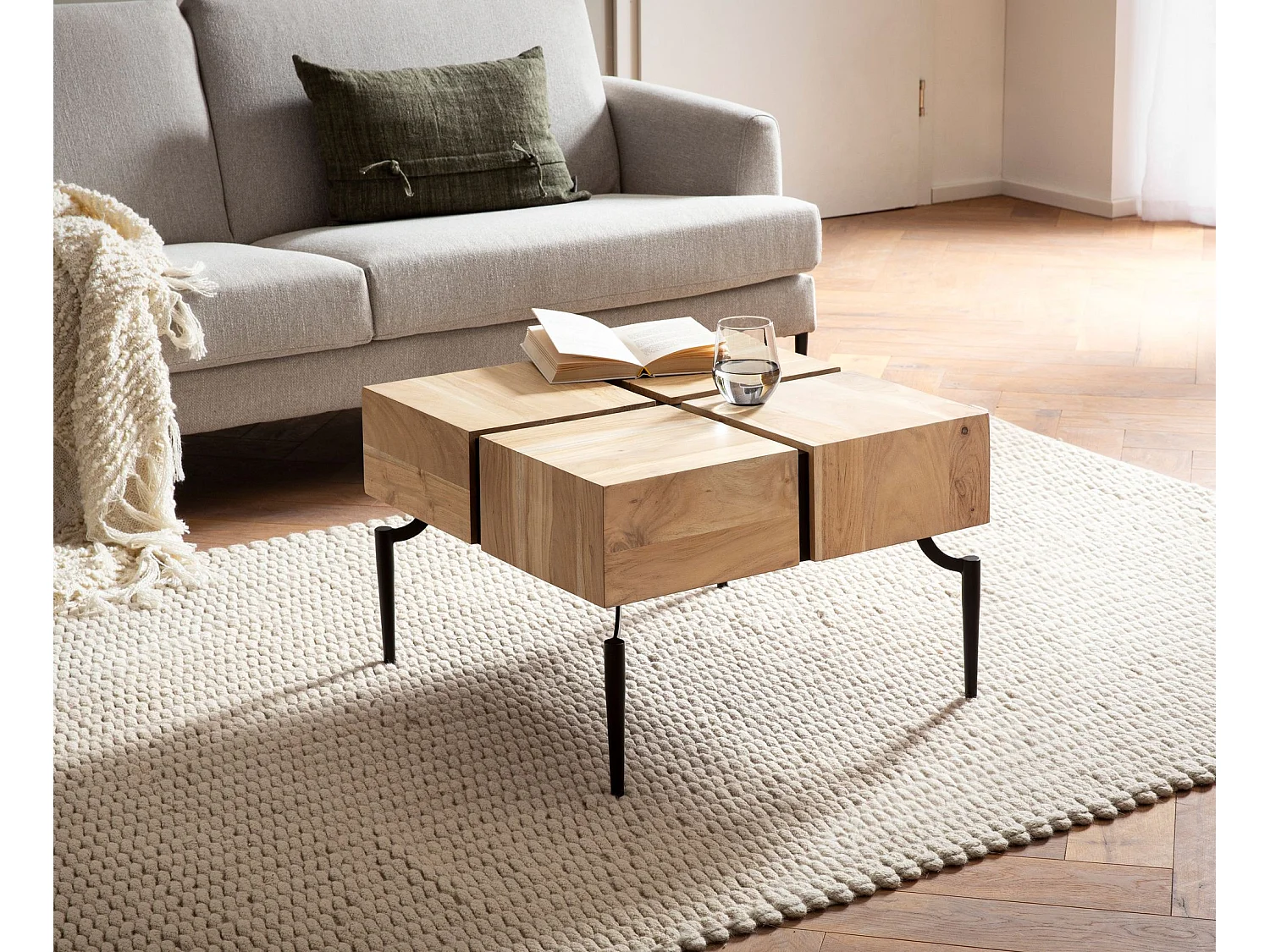 Table Basse Carrée Bois Massif Métal 60x60x40 cm Table Salon Moderne