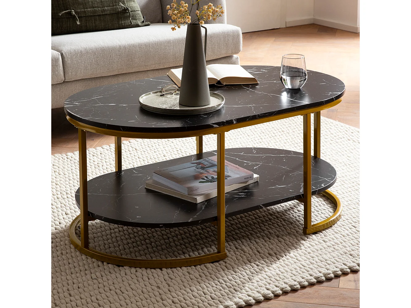 Table Basse Aspect Marbre 100 cm Table de Salon Rectangulaire Moderne