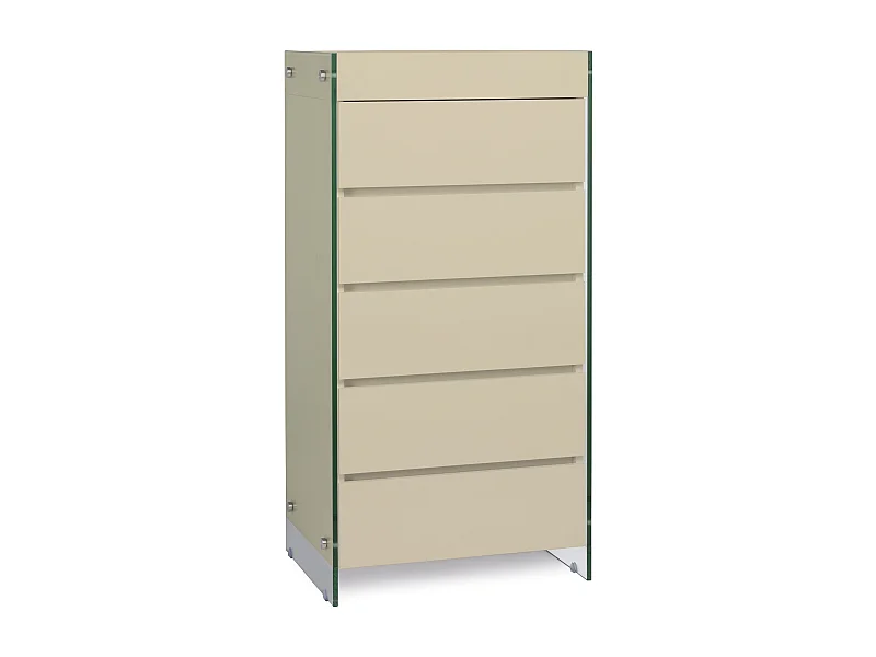Meuble de rangement 5 tiroirs bois laqué créme et pieds verre trempé Dyn