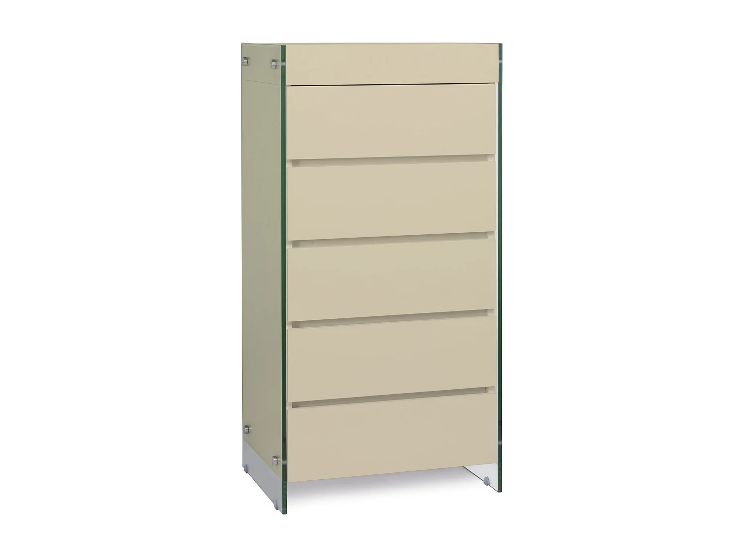 Meuble de rangement 5 tiroirs bois laqué créme et pieds verre trempé Dyn