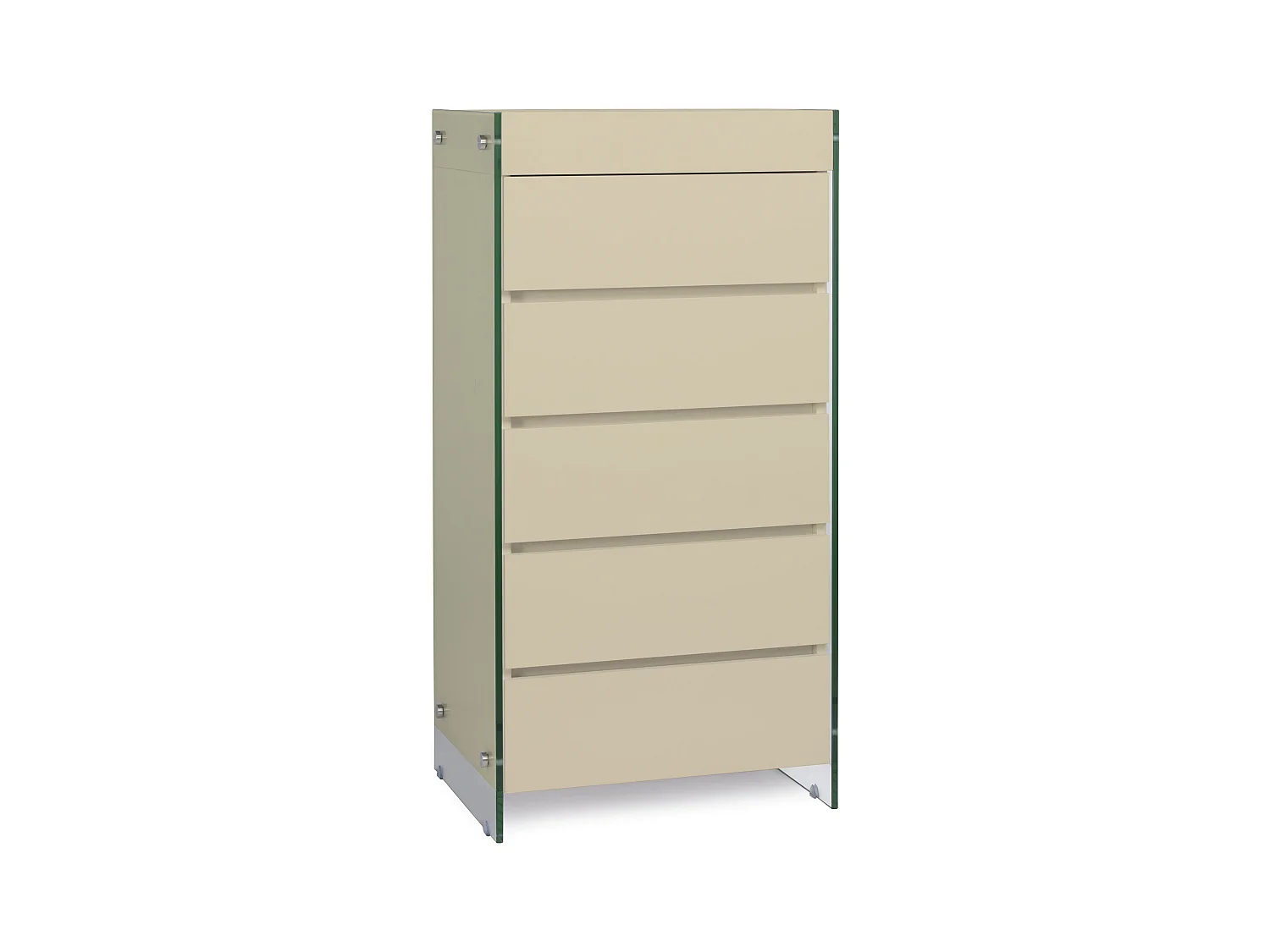 Meuble de rangement 5 tiroirs bois laqué créme et pieds verre trempé Dyn