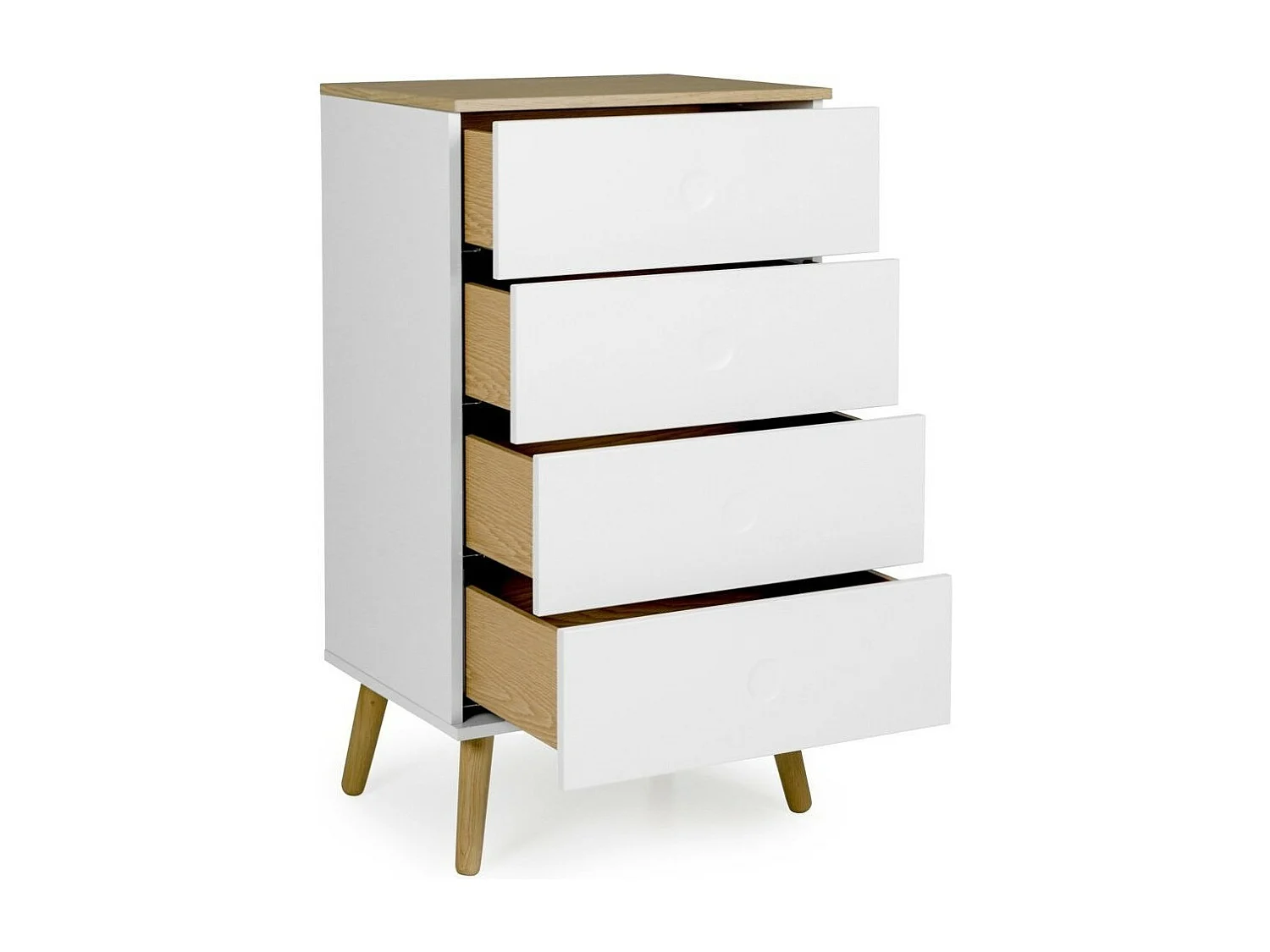 Chiffonnier 4 tiroirs laqué blanc et pieds chêne massif clair Pecas