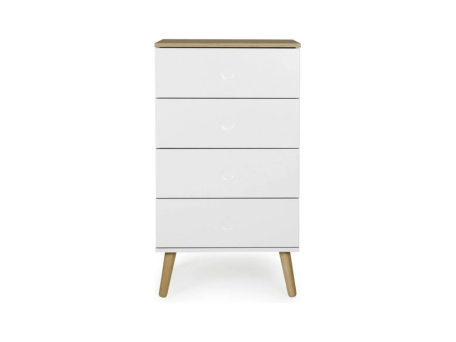 Chiffonier met 4 wit gelakte laden en lichte massief eiken poten Pecas