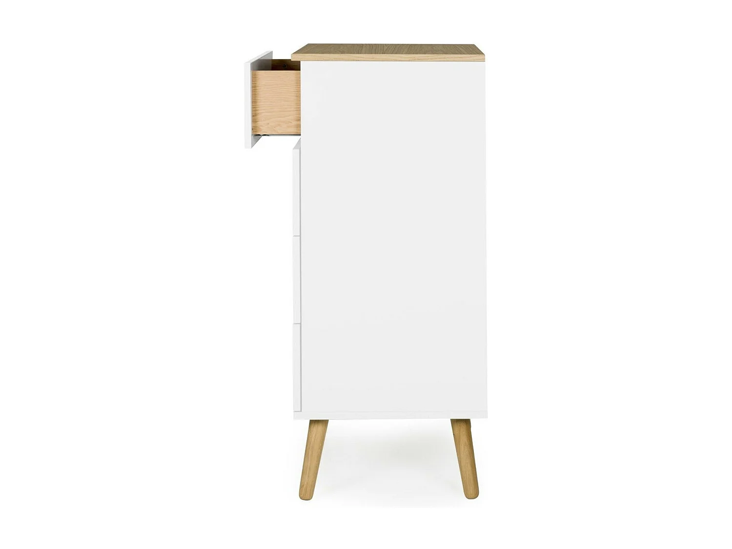 Chiffonnier 4 tiroirs laqué blanc et pieds chêne massif clair Pecas