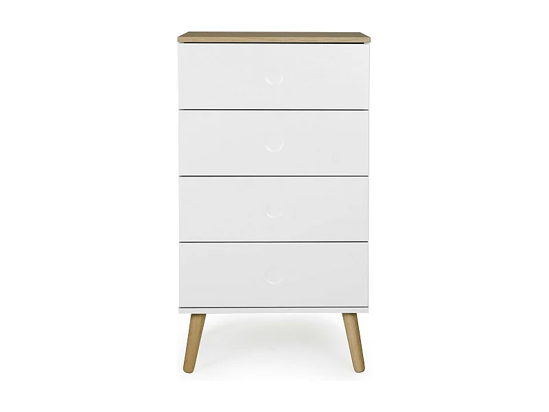 Chiffonier met 4 wit gelakte laden en lichte massief eiken poten Pecas