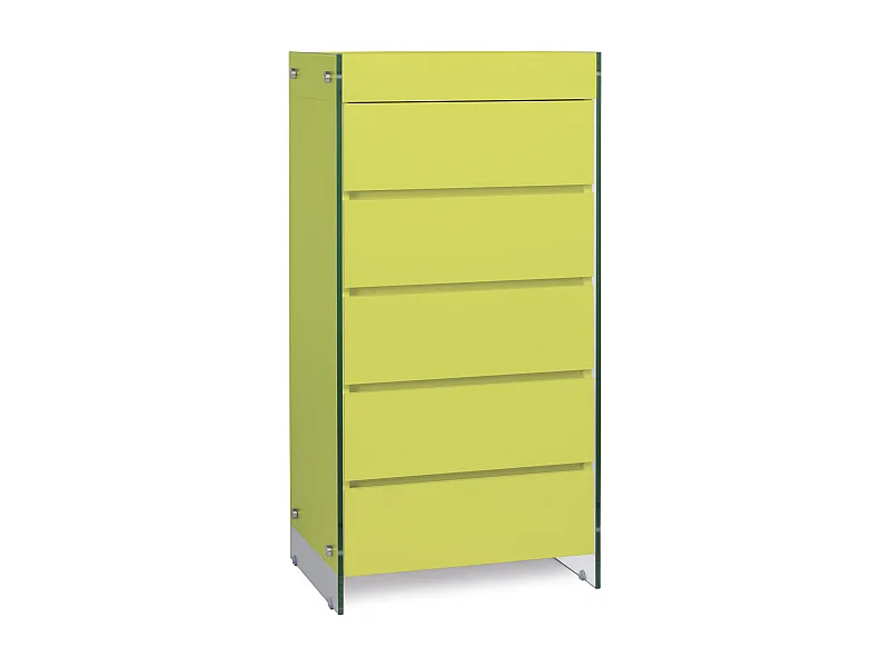 Meuble de rangement 5 tiroirs bois laqué jaune et pieds verre trempé Dyn