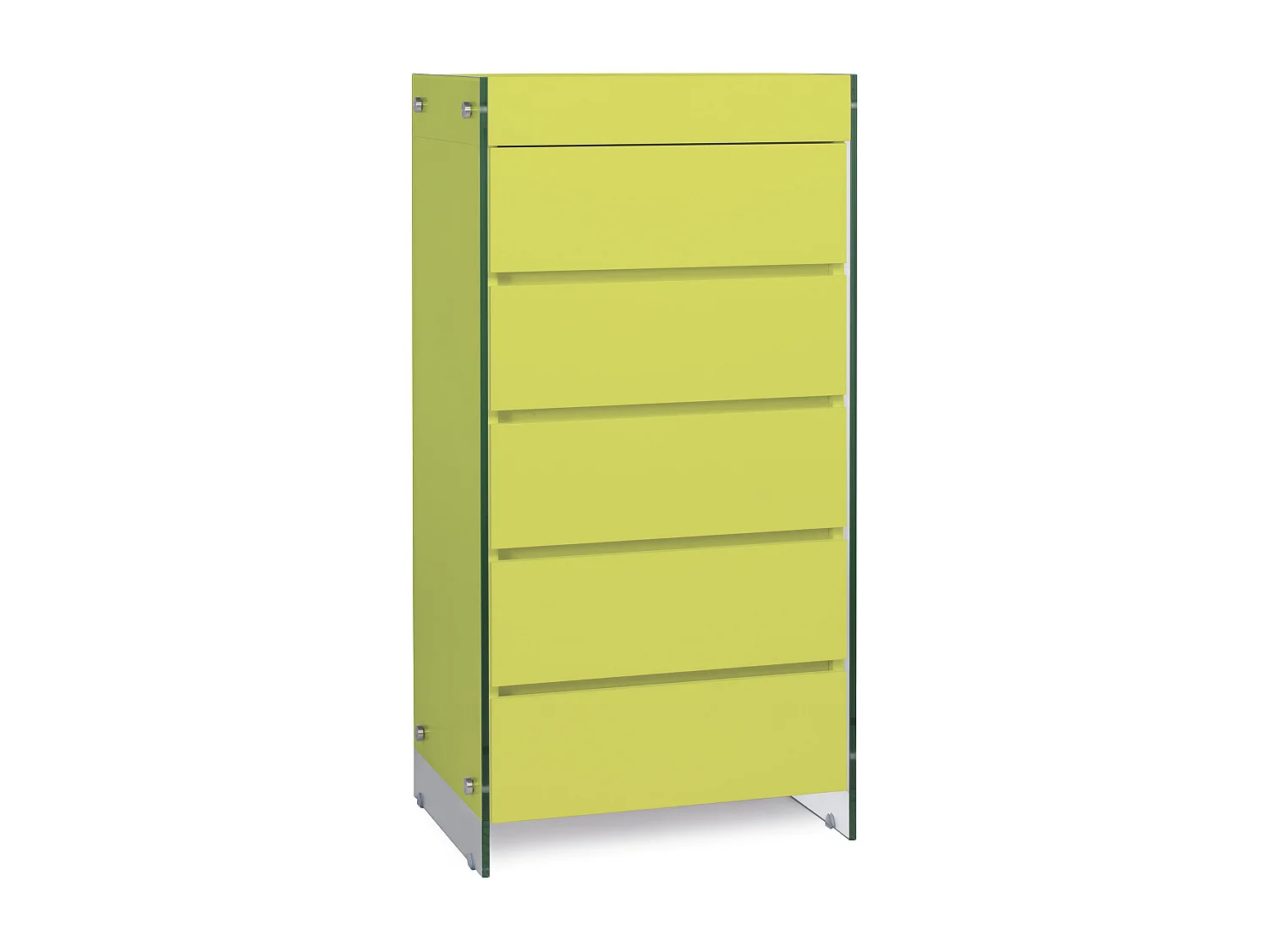 Meuble de rangement 5 tiroirs bois laqué jaune et pieds verre trempé Dyn