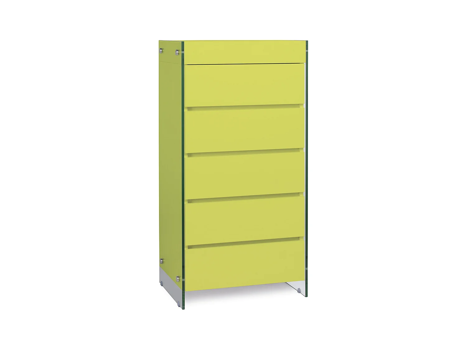 Meuble de rangement 5 tiroirs bois laqué jaune et pieds verre trempé Dyn