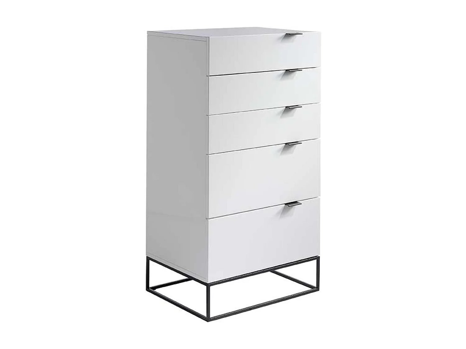 Chiffonnier moderne 5 tiroirs en bois laqué blanc et acier noir Valina 120cm