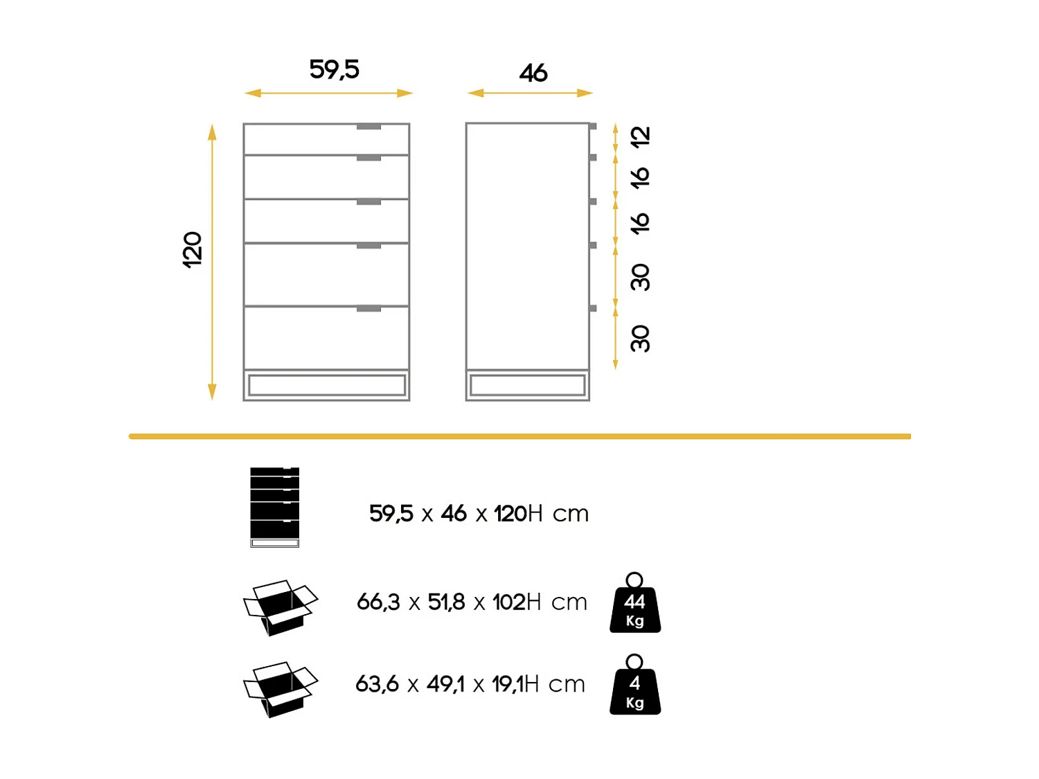Chiffonnier moderne 5 tiroirs en bois laqué blanc et acier noir Valina 120cm