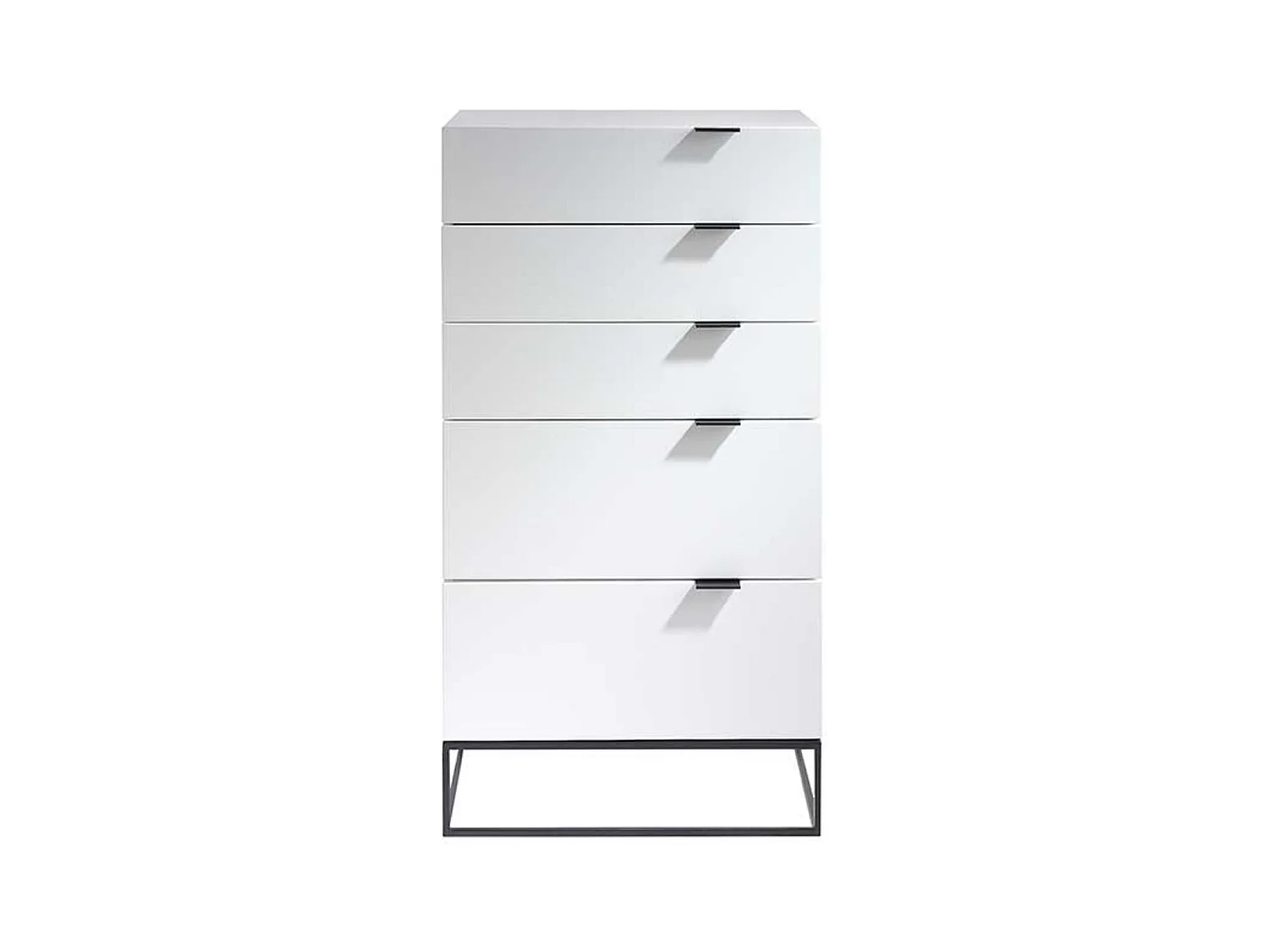 Chiffonnier moderne 5 tiroirs en bois laqué blanc et acier noir Valina 120cm