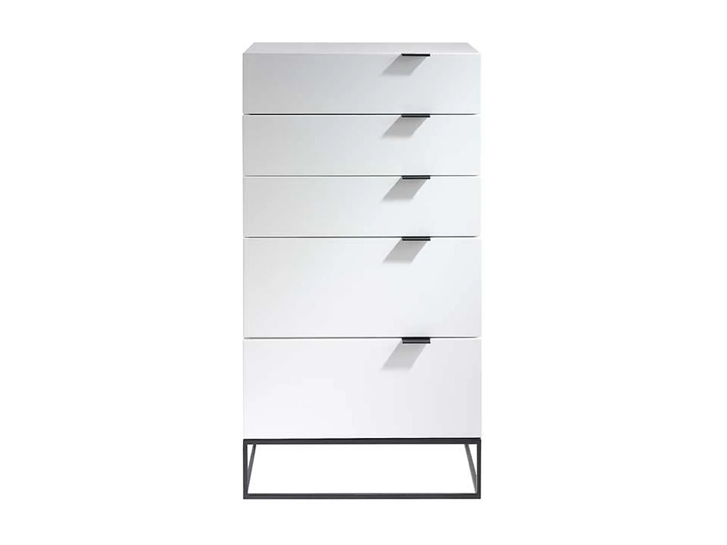 Chiffonnier moderne 5 tiroirs en bois laqué blanc et acier noir Valina 120cm