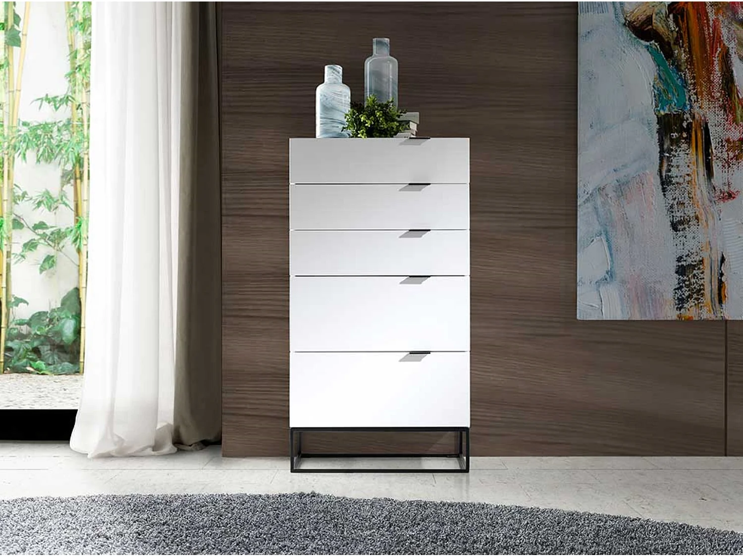 Chiffonnier moderne 5 tiroirs en bois laqué blanc et acier noir Valina 120cm