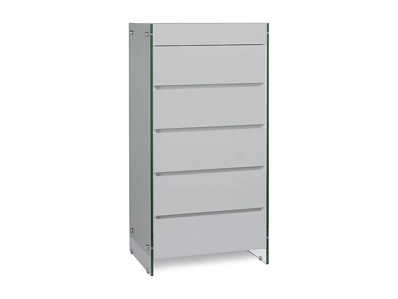 Meuble de rangement 5 tiroirs bois laqué gris et pieds verre trempé Dyn