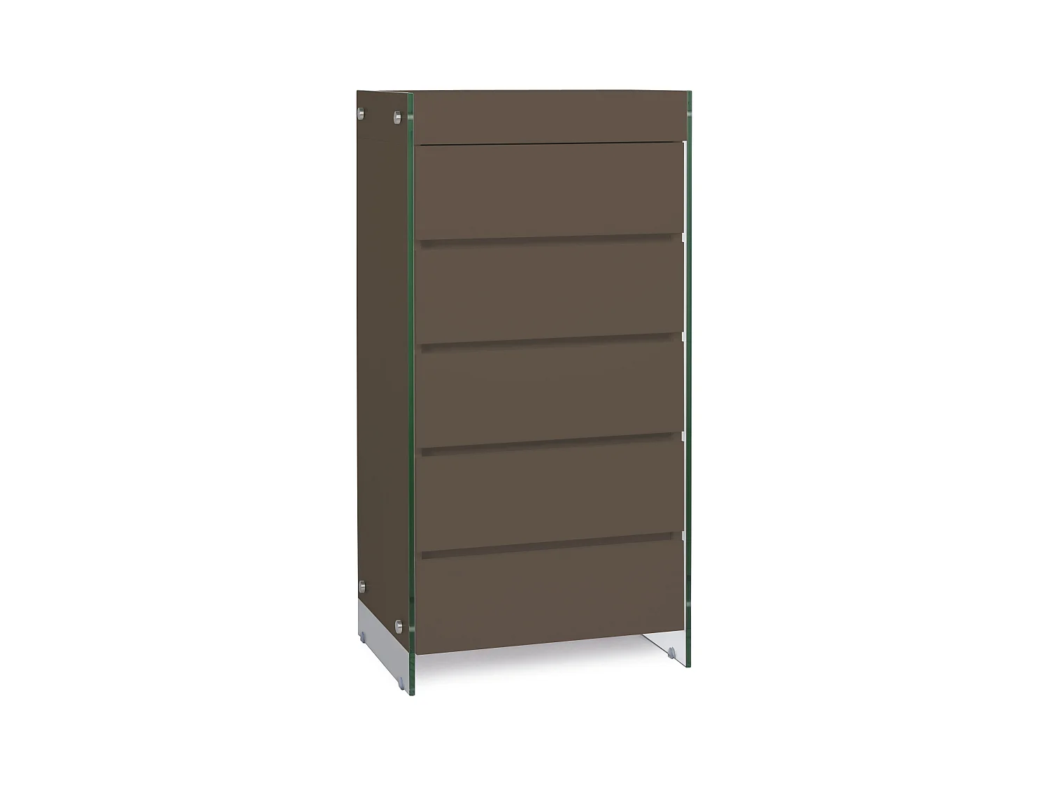 Meuble de rangement 5 tiroirs bois laqué marron et pieds verre trempé Dyn