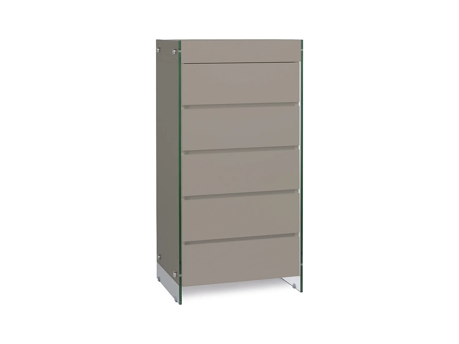 Meuble de rangement 5 tiroirs bois laqué taupe et pieds verre trempé Dyn