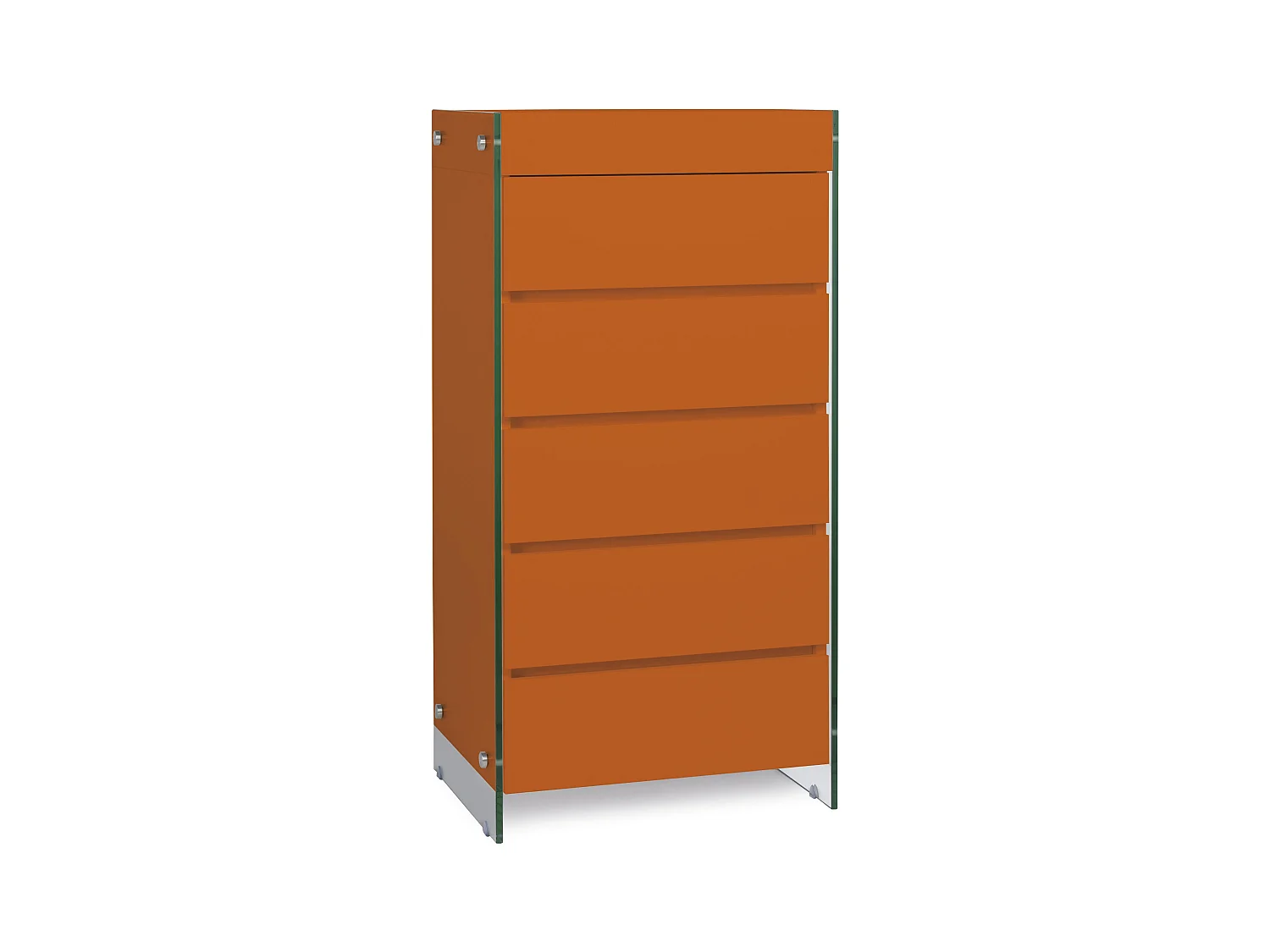 Meuble de rangement 5 tiroirs bois laqué orange et pieds verre trempé Dyn