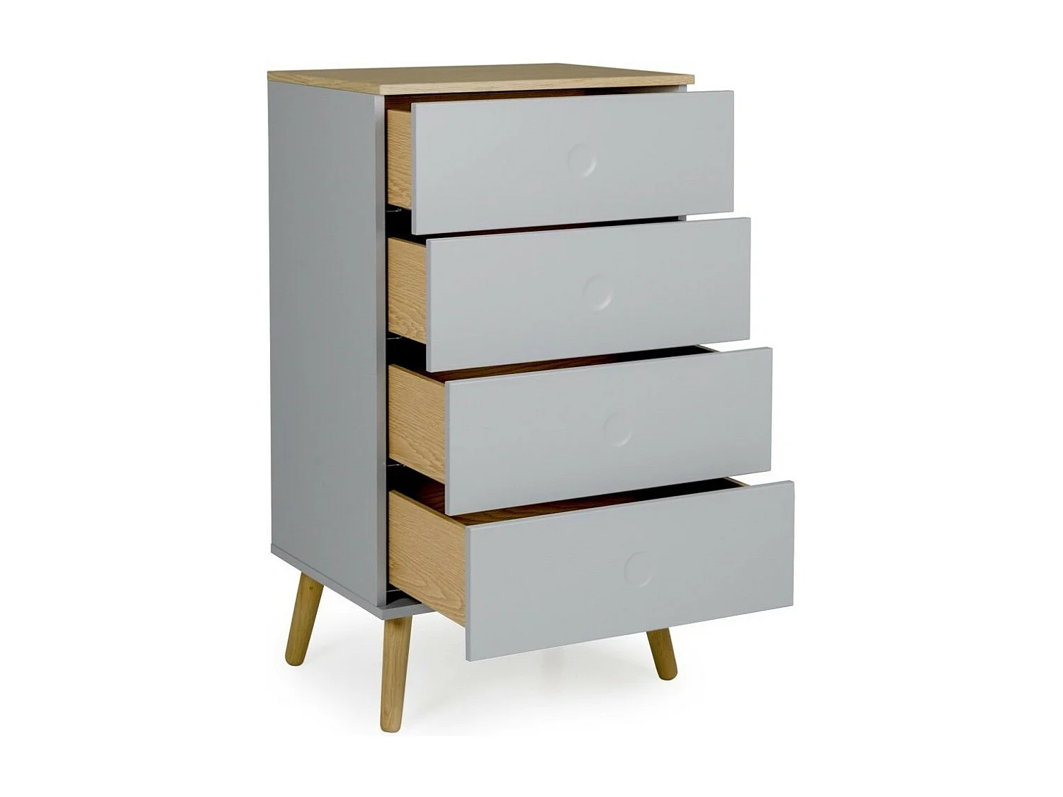 Chiffonnier 4 tiroirs laqué gris et pieds chêne massif clair Pecas