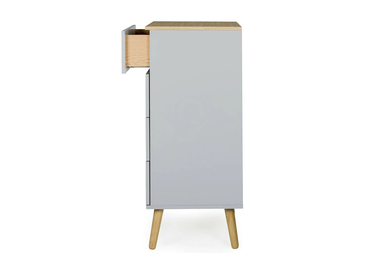 Chiffonnier 4 tiroirs laqué gris et pieds chêne massif clair Pecas