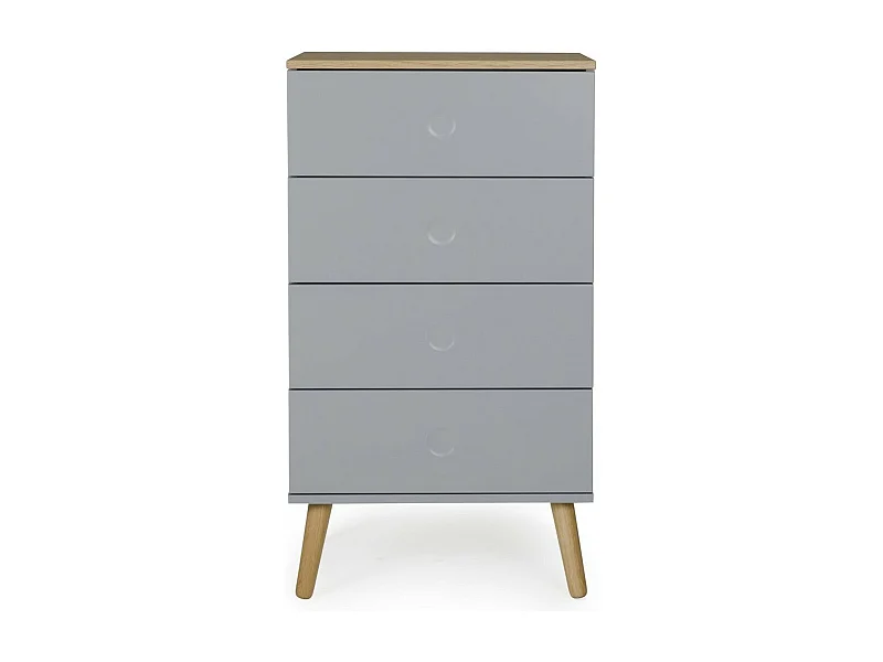 Chiffonnier 4 tiroirs laqué gris et pieds chêne massif clair Pecas