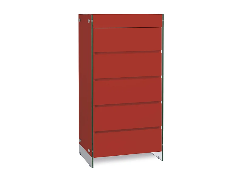 Meuble de rangement 5 tiroirs bois laqué rouge et pieds verre trempé Dyn