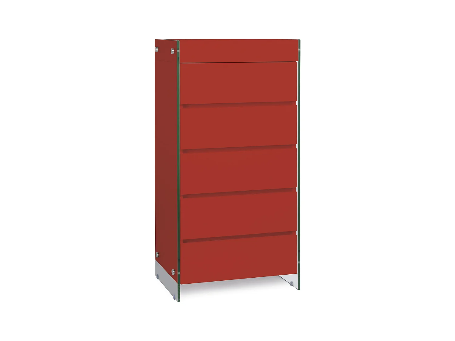 Meuble de rangement 5 tiroirs bois laqué rouge et pieds verre trempé Dyn