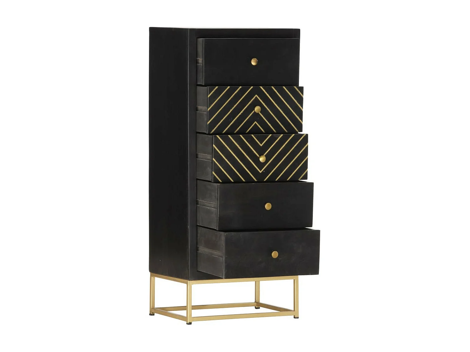 Commode haute 5 tiroirs bois de manguier noir et pieds metal doré Viza